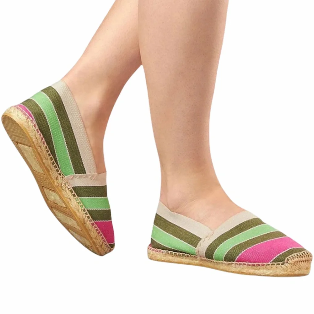 DIEGO Khaki, Pink Stripe Flat Slip On Espadrilles- UK 39/US?? *See Size Chart*